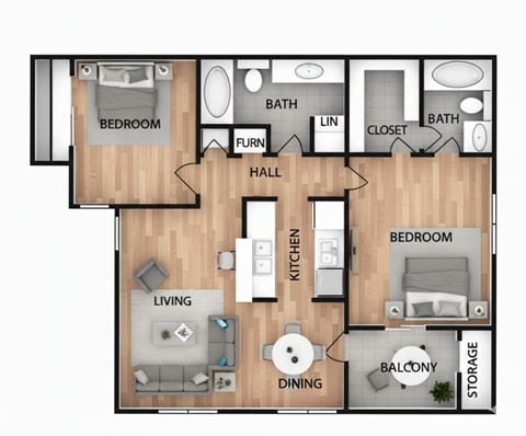 A floor plan of a house with a living room, dining room, kitchen, two bedrooms, a hall, a bathroom, a closet, and storage.